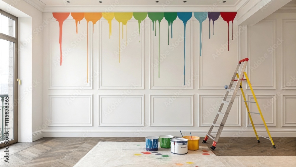 Aufkleber A section of a room featuring a freshly primed wall with paint drips caught middrip capturing the energy of an ongoing project.