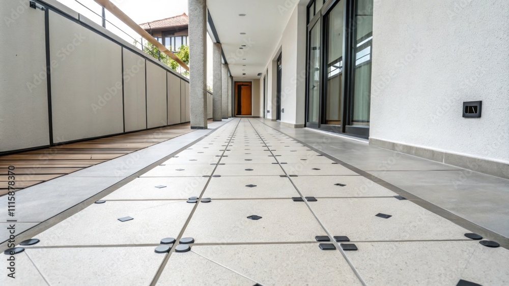 Poster a section of a hallway with a striking modern design showcasing an organized layout of tile spacers 