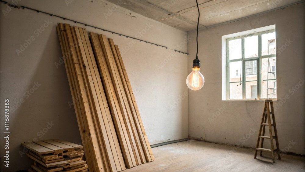 Poster A section of an empty room with a light bulb hanging low illuminating a vertical arrangement of unfinished wood planks leaning against the wall.