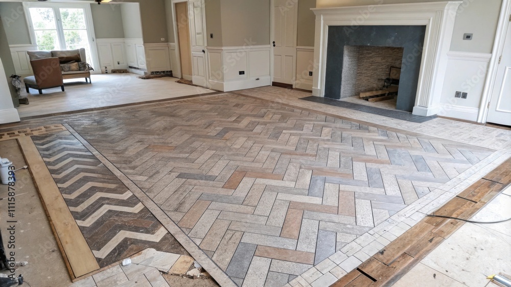 Poster A section of a living room with a halffinished herringbone tile layout the tiles varying in shades of gray and brown.