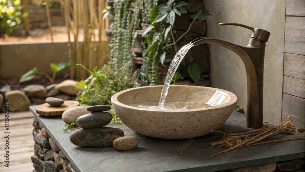 Aufkleber A sculptural faucet resembling a waterfall positioned above a natural stone sink emphasizing organic forms and a serene spalike environment.