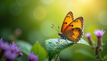 Vibrant Orange Butterfly Resting on Green Leaf Among Flowers