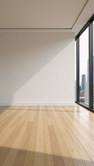 Obraz premium Modern space empty frame on wood-floored wall city panorama through large windows in natural light Rendering