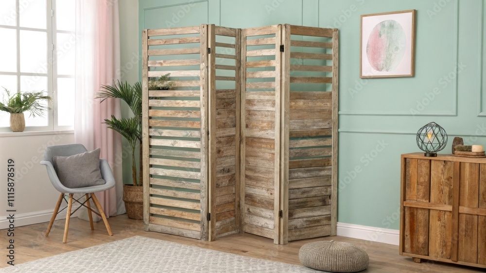Poster a rustic wooden room divider with a mix of horizontal and vertical slats resting against a wall pain