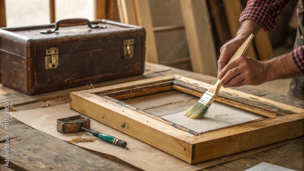 Poster a rusticthemed renovation where a handcrafted wooden frame is being sealed with a vintage toolbox ne