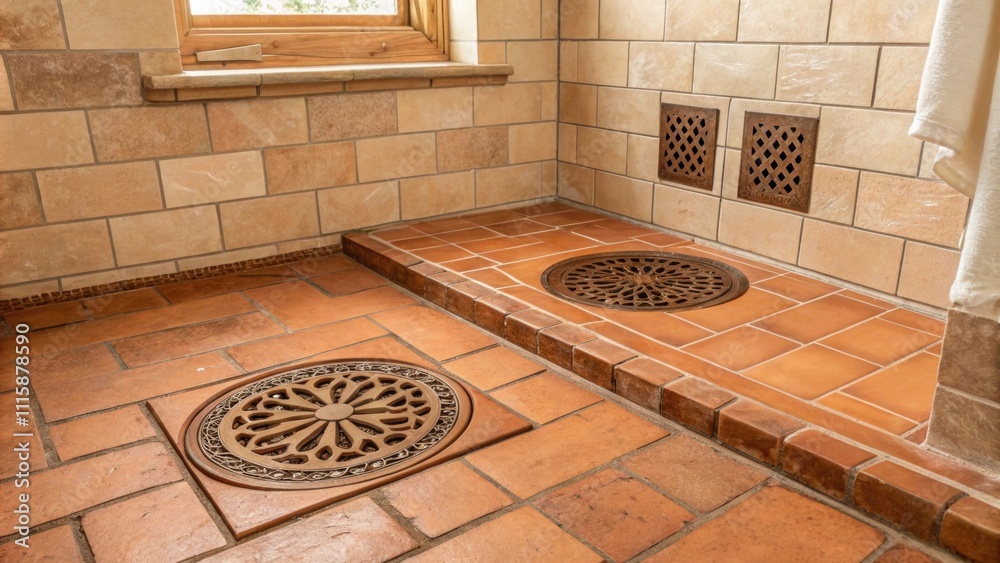 Poster a rustic shower space with handlaid subway tiles and a warm terracotta floor displaying a pair of vi