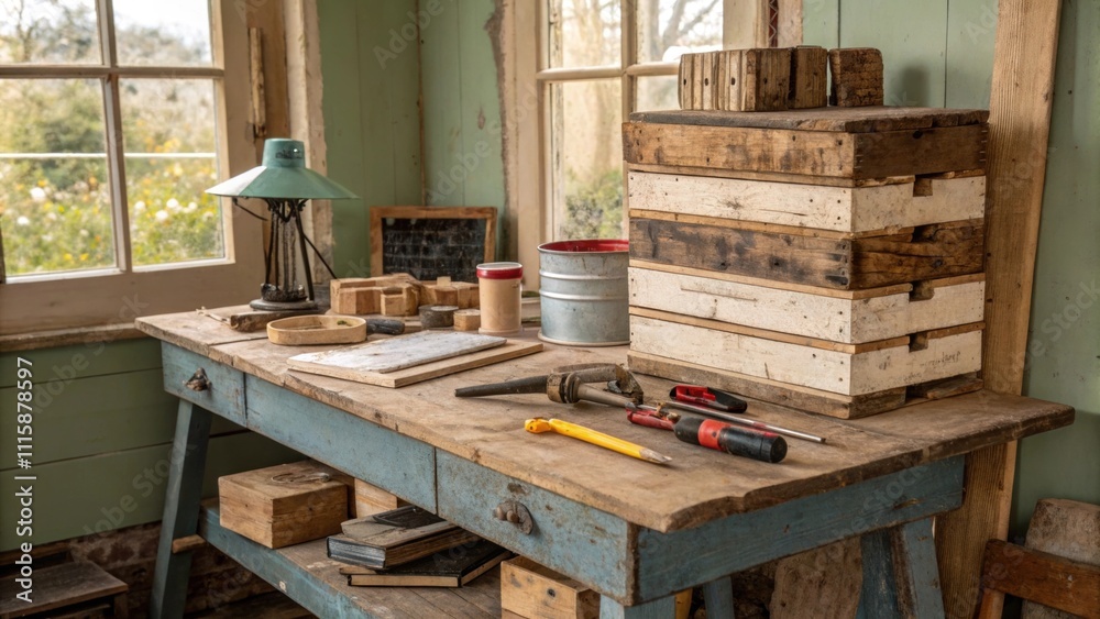 Aufkleber A rustic setting with wooden baseboards piled high on a weathered workbench surrounded by tools ready for the painting process.