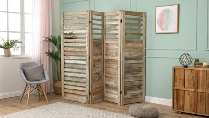 A rustic wooden room divider with a mix of horizontal and vertical slats resting against a wall painted in a soft pastel color.