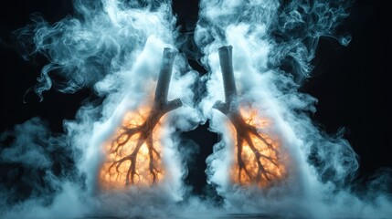 A captivating image of lungs with fiery, tree-like branches, engulfed in a swirling cloud of smoke, symbolizing breath, life, and inner strength.