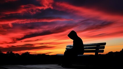 Obraz premium Hooded Figure Silhouetted Against a Fiery Sunset Sky