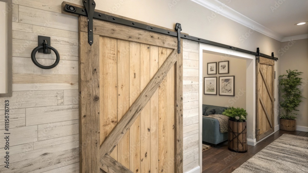 Poster A rustic barnstyle sliding door track attached to a distressed wood panel wall infusing warmth and charm into a farmhousethemed entryway.