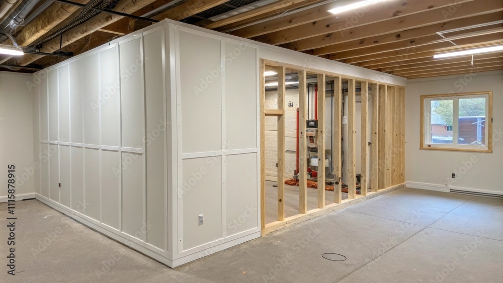 Aufkleber A room corner showcasing a newly framed drywall wall with a glimpse of the tubing for heating and cooling systems expected to be covered.