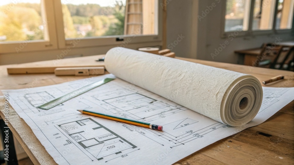 Aufkleber A roll of insulation positioned on a work table with blueprints of the renovation layout spread out and a pencil lying on top.