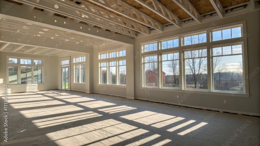 Leinwandbilder A room filled with daylight filtering through windows casting shadows on the frame of a ceiling prepped for drywall.