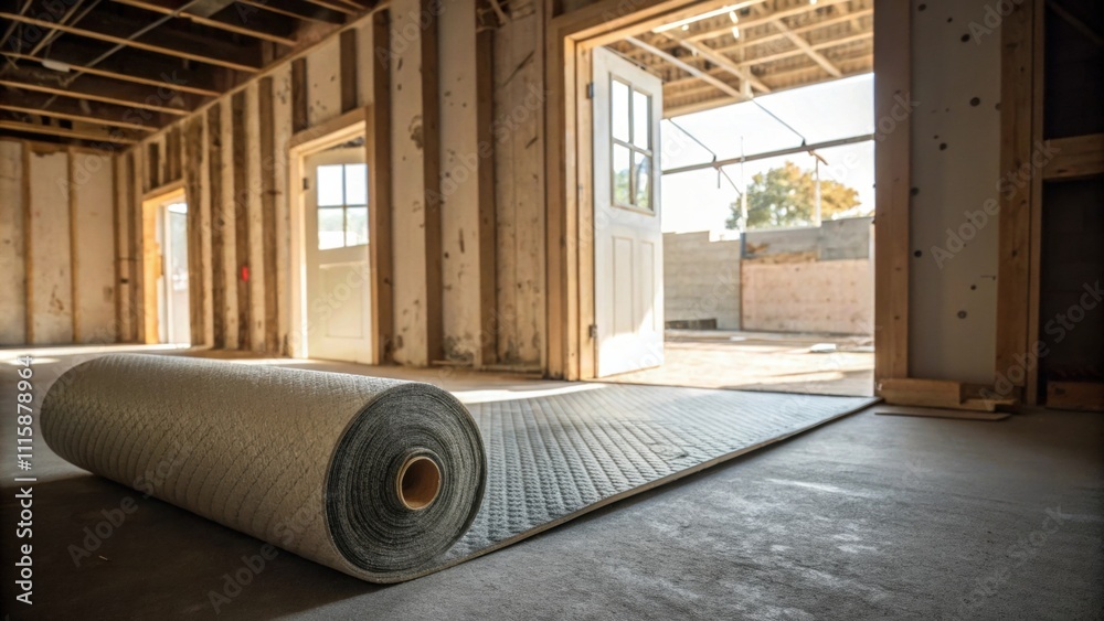 Poster a roll of heavyduty floor covering with a textured surface set against raw drywall and framed by bea