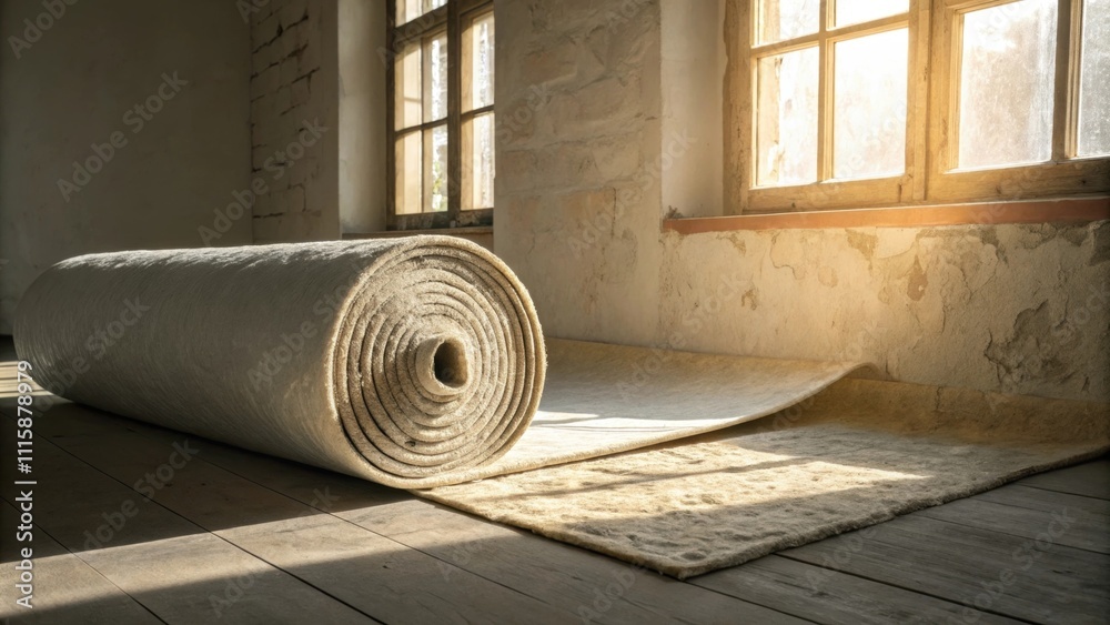 Leinwandbilder a roll of insulation propped against a wall with light streaming in through a nearby window illumina