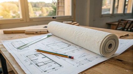 A roll of insulation positioned on a work table with blueprints of the renovation layout spread out and a pencil lying on top.