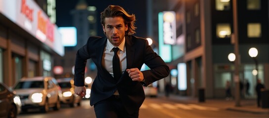 A hurried man runs frantically down a busy street amidst blurry city lights
