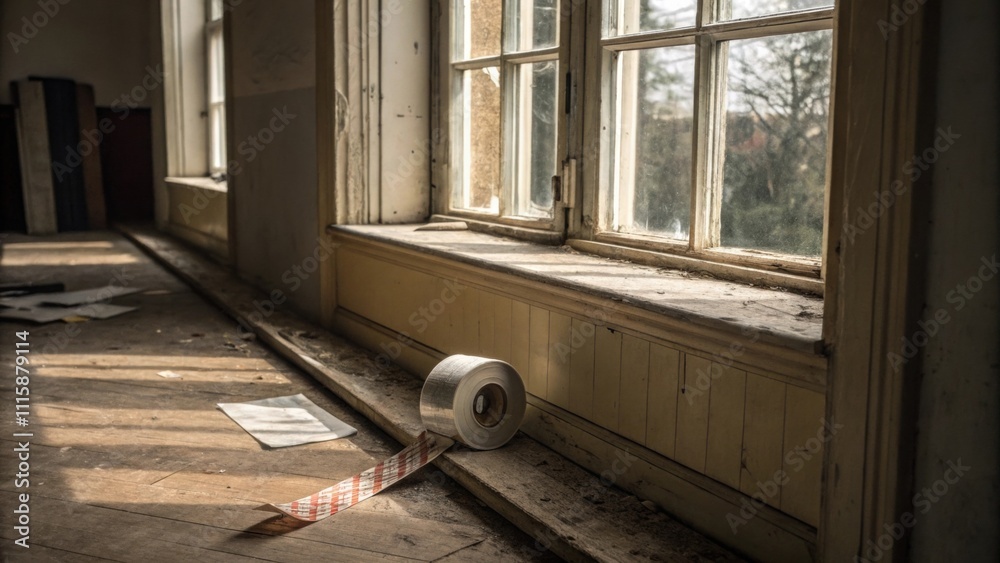 Fototapete a quiet corner of a room with a window ledge and neatly p protective tape capturing a moment of stil