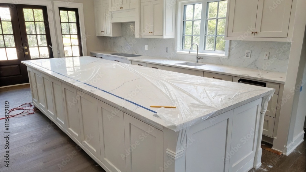 Aufkleber A pristine quartz countertop is positioned against a backdrop of freshly painted walls its surface cloaked in a white protective sheet exuding a sense of anticipation.