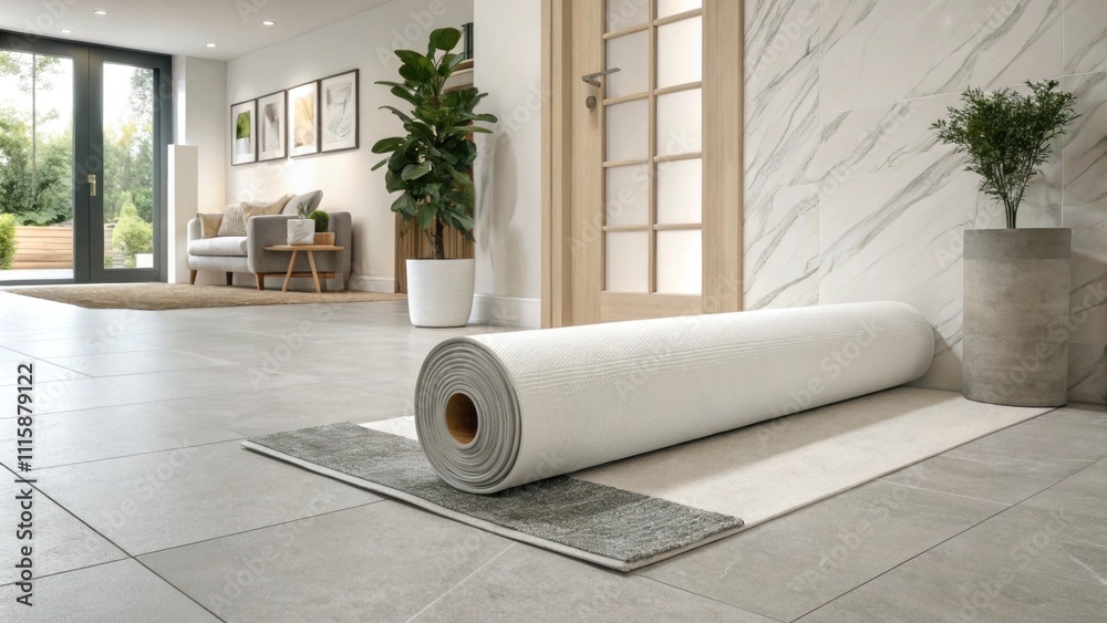 Poster a pristine vinyl flooring roll in the center of a modern minimalist space blending with neutralcolor