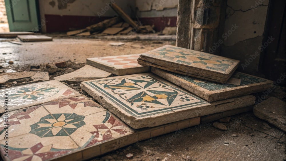 Poster a pile of vintage tiles some intact and some fractured covered in a light film of dust conveying a s