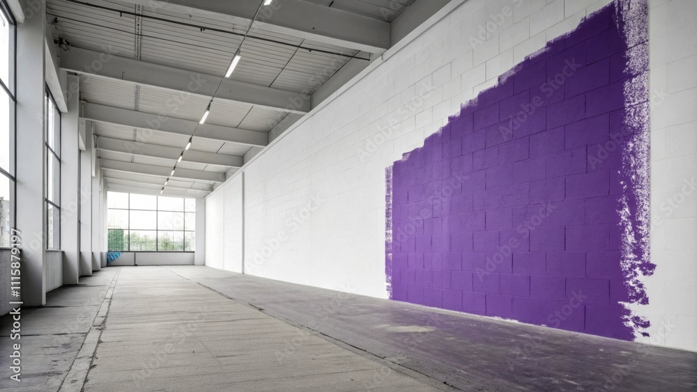Poster a plain drywall surface punctuated by a bold patch of royal purple paint the dramatic color contrast