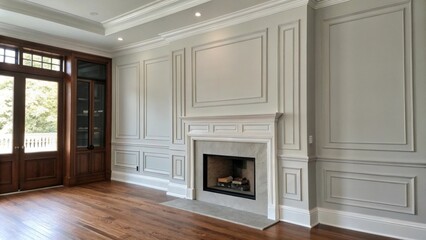 A pristine lightgray wall painted with a matte finish featuring a rectangular out in the center ready to accommodate a sleek modern fireplace that will be surrounded by a deep