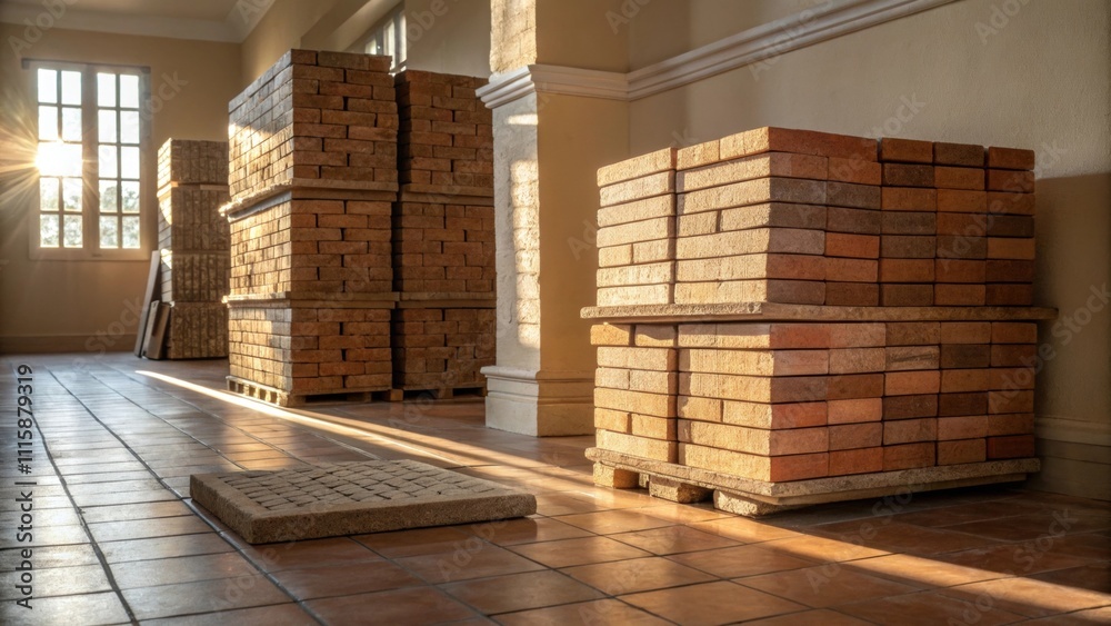 Aufkleber A photo capturing the stacks of brick veneers in a softly lit room with light reflecting off the surfaces and casting patterns on the floor.