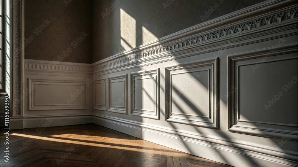 Poster A photograph focusing on the shadows cast by the newly installed crown molding creating a play of light and dark on the walls of the corner suggesting depth and dimension.