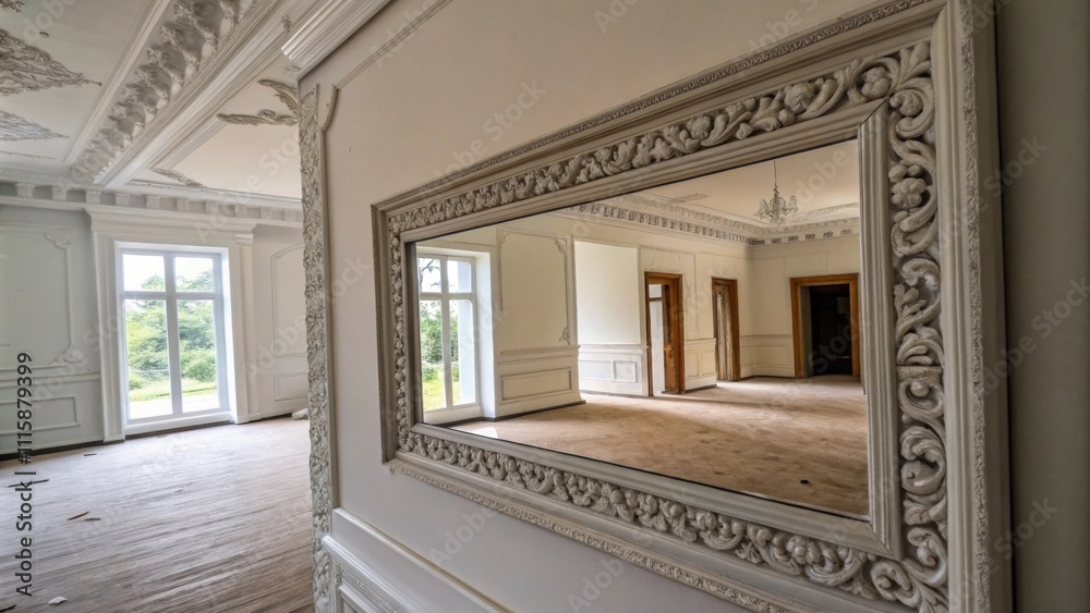Aufkleber A photograph capturing the reflection of the crown molding in a nearby mirror with the empty space of the room surrounding it suggesting potential and future design.