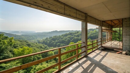 Fototapeta premium A picturesque view from an unfinished balcony where the view is unobstructed by incomplete wooden railings overlooking vibrant greenery.
