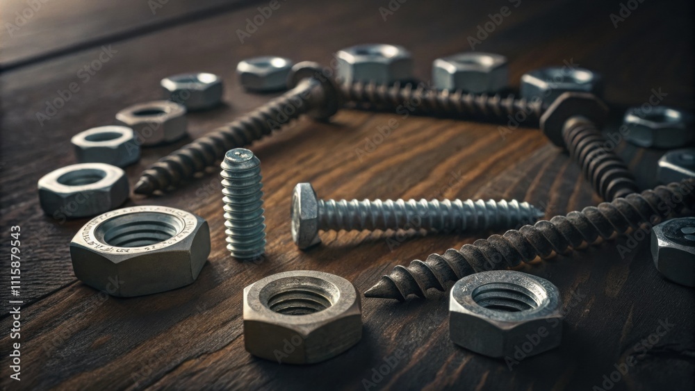 Poster A painterly composition featuring gray and silver screws and nuts artistically arranged in a circular pattern on a dark wooden surface highlighted by dramatic lighting.