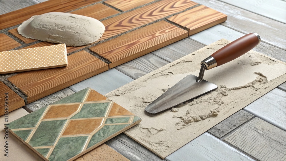 Poster A painterly arrangement of textured ceramic tiles against a backdrop of wooden boards featuring a shiny trowel and a thick blob of grout resting gently on a paper.