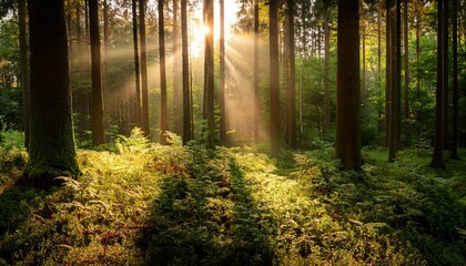 Obraz premium a peaceful forest scene with sunlight shining through the trees