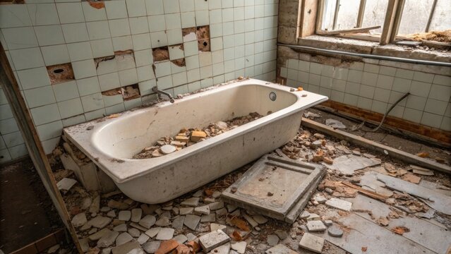 A partially demolished bathroom showcasing a pile of broken tiles in a bathtub with bits of grout and debris weaving through the cracks.