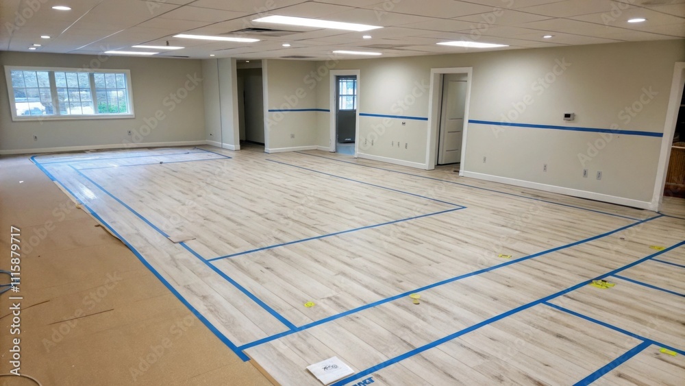 Poster an unfinished room displaying a lightcolored floor with blue tape outlining the perimeter for new la