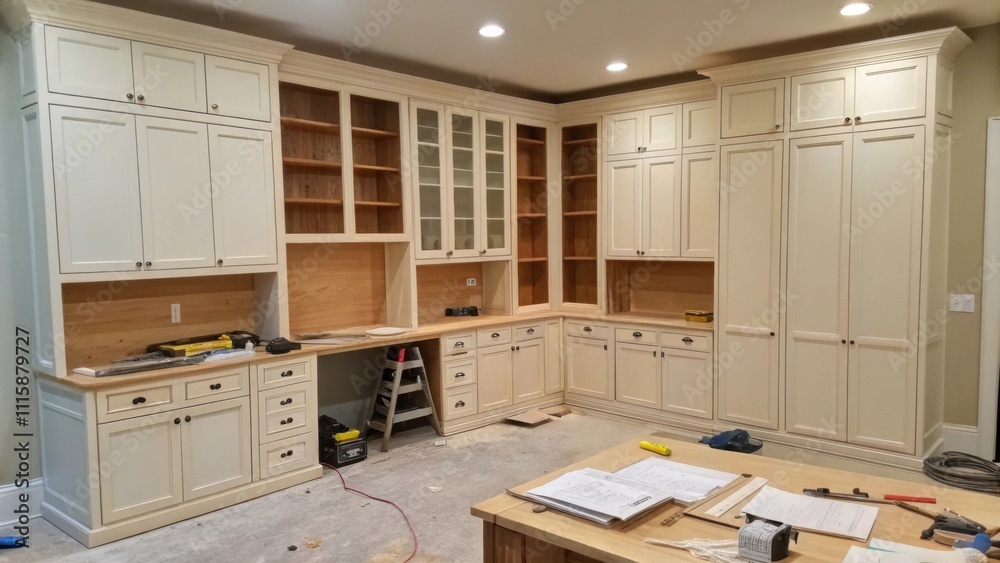Poster an unfinished home office corner displaying a wall of cabinets where some woodwork has been complete