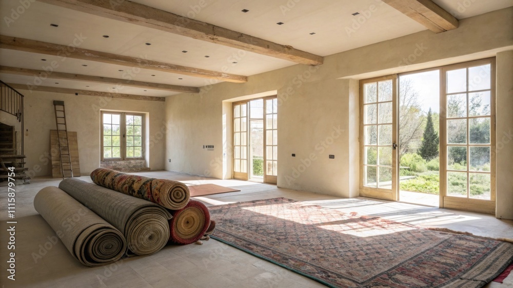 Poster an unfinished living room featuring a stark backdrop of unfinished walls with assorted rolledup rugs