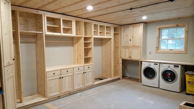 An unfinished laundry room with cabinets and storage spaces layered in primer exposing the natural texture of the wood while embracing a straightforward renovation vibe.