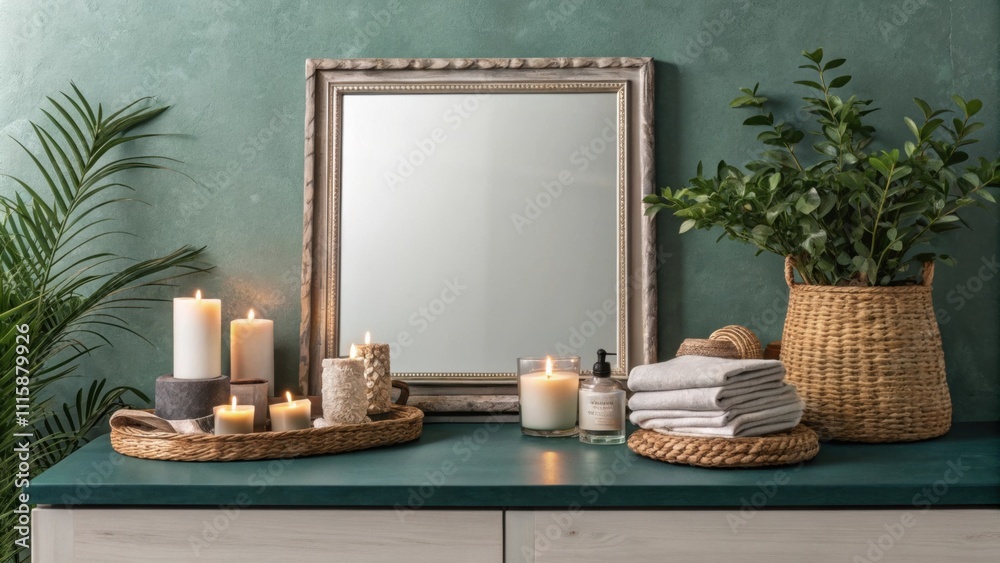 Aufkleber an oversized square mirror with a minimalist border rests on a deep teal countertop surrounded by fl