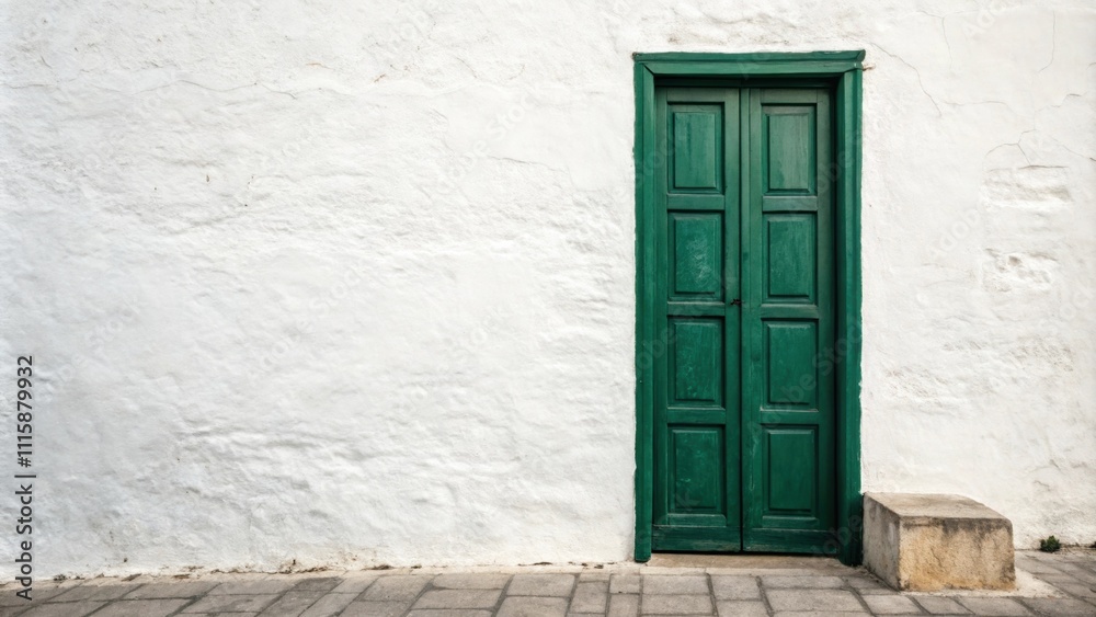 Poster An oversized door painted in a deep forest green leans against a stark white wall creating a dramatic and inviting focal point.