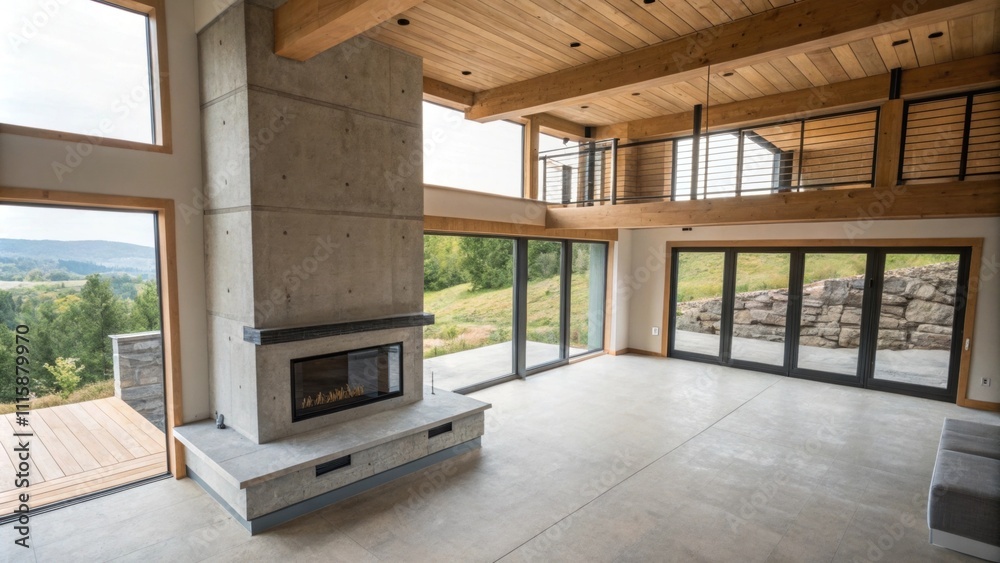 Aufkleber An overhead view of an empty living space featuring a concrete fireplace base that is integrated into the architecture hints of insulation material protruding from the sides.