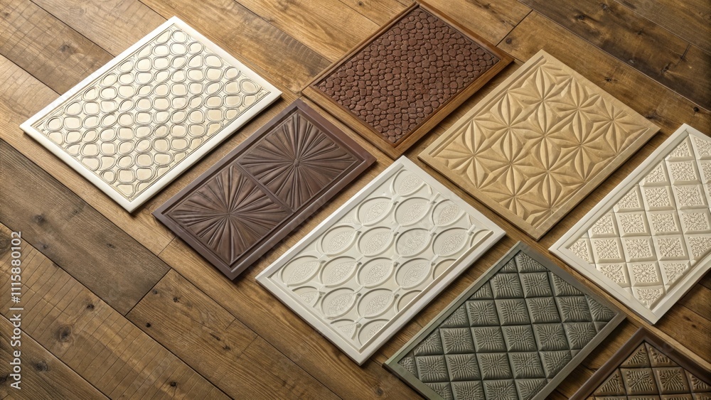 Fototapete An overhead perspective of wall panels arranged in a staggered layout on a wooden floor showcasing the contrasting colors and intricate textures against the rustic surface.