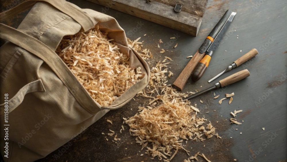 Poster An overhead shot of a pile of shredded wood fibers spilling out from a large bag with a couple of hand tools resting beside it on a work surface.