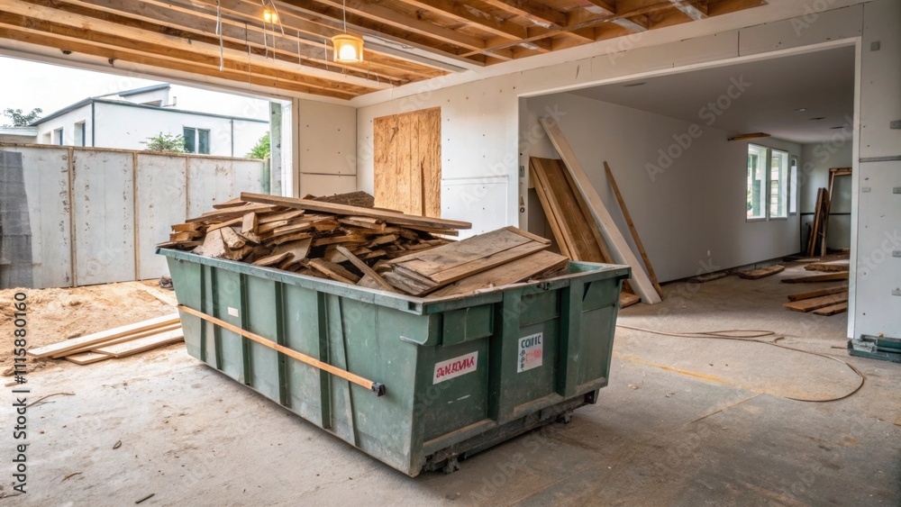 Poster an overflowing dumpster filled to the brim with used wood planks and large empty plastic containers 