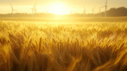 Obraz premium Wind turbines in wheat field at sunrise with farmers in background