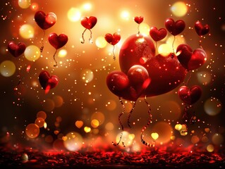 Romantic red heart balloons float in a sparkling, golden bokeh background.