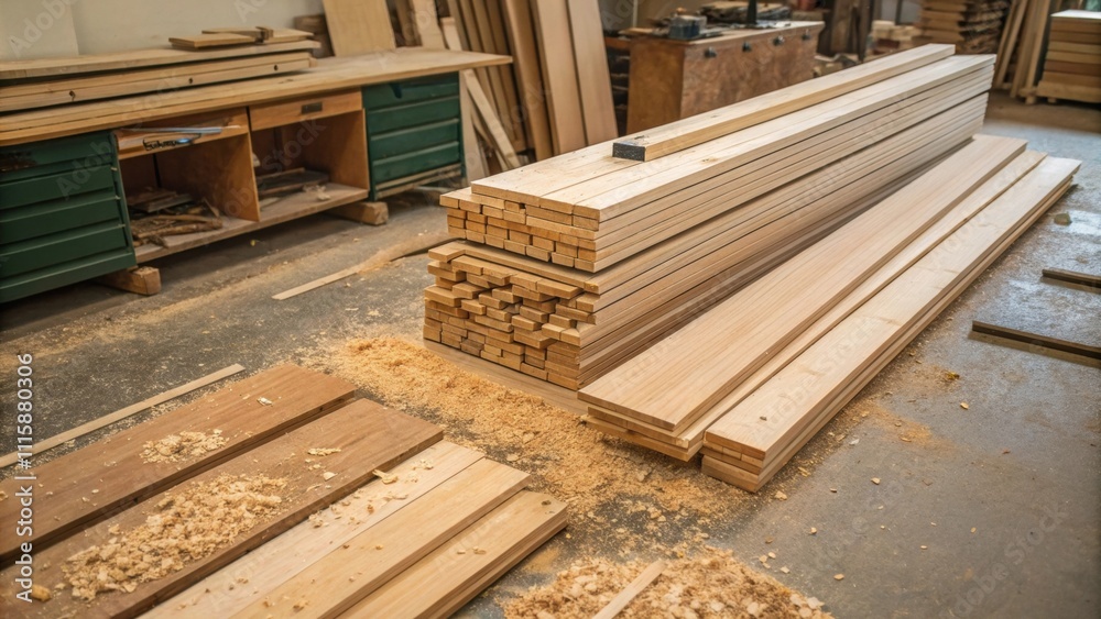 Poster an overhead shot of a wooden plank stack revealing different lengths and widths with sawdust tered a