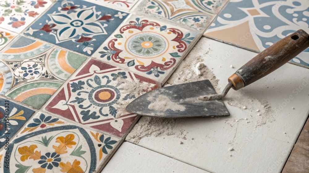 Aufkleber An overhead shot of a multicolored ceramic tile stack showing intricate patterns with a worn trowel positioned nearby on a tileladen surface dusted with powdered grout.